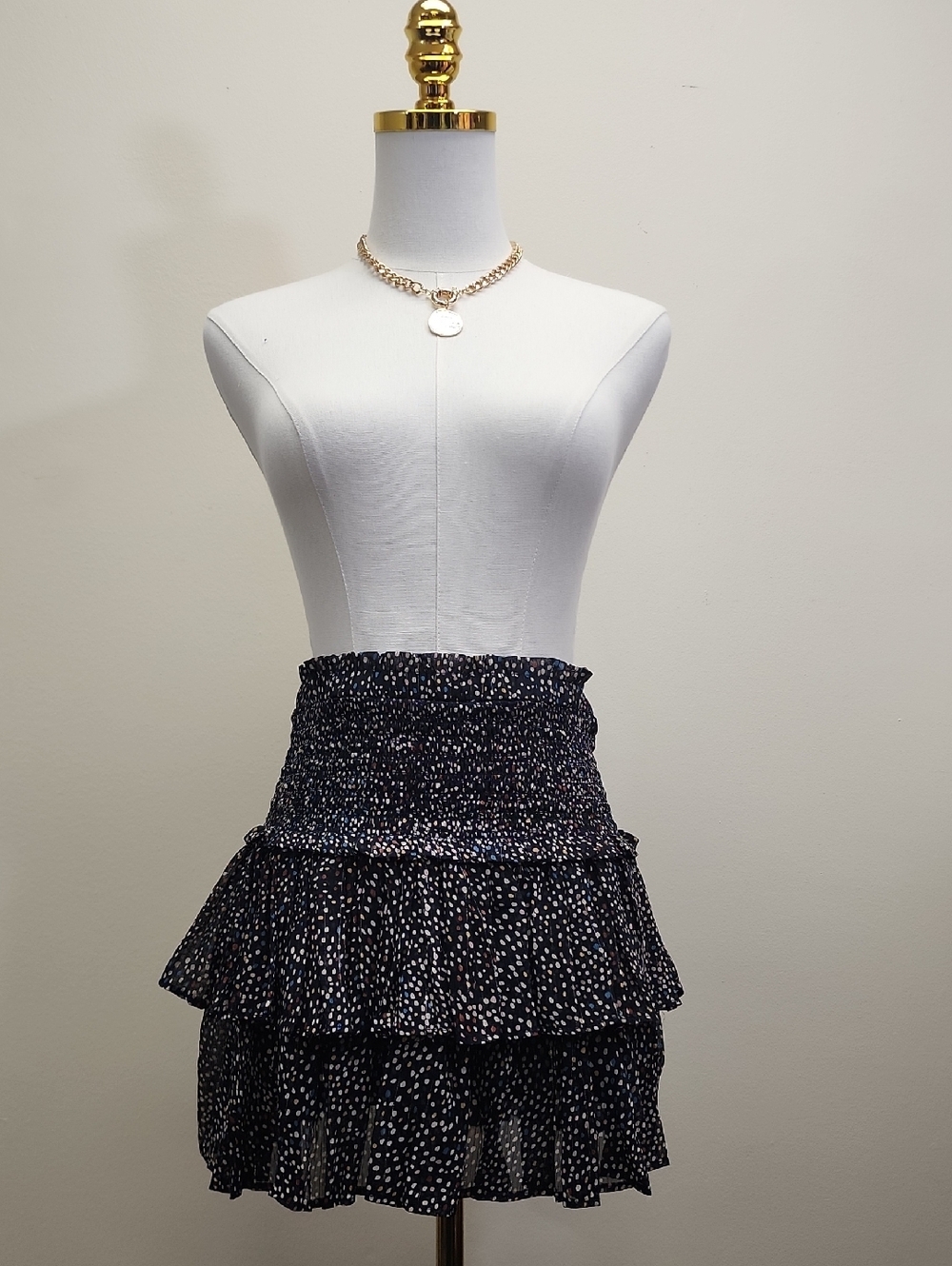 The Reset Navy Polka Dot Smocked Tiered Mini Skirt Size Large